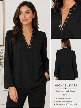 Michael Kors Black Grommet Neck Blouse Size L Flowy Sleeve Top